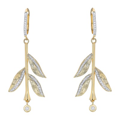 14K Yellow Gold 0.50 carat Diamonds Flower Texured Leafs Drop Earrings