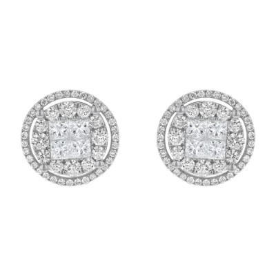 14K White Gold 2.0 carats Diamonds Double Halo Round Stud Earrings
