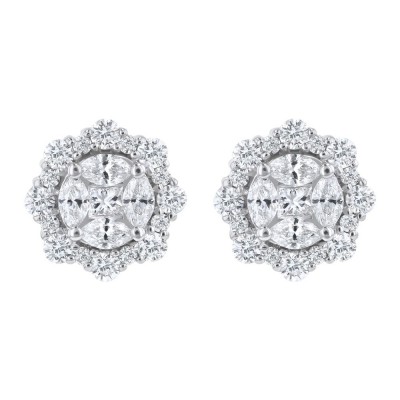 14K White Gold 1.2 carat Diamonds Halo Flower Stud Earrings