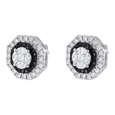 14K White Gold 1.5 carats Fancy Cut Black and White Diamonds Stud Earrings