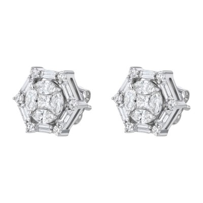 14K White Gold 1.1 carat Diamonds Halo Pentagon Stud Earrings