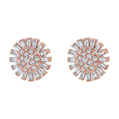 14K Rose Gold 1.7 carats Baguette and Round Diamonds Stud Earrings