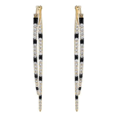 14K Yellow Gold 1.50 carat Black and White Diamonds Inside-Out Shark Tooth Hoop Earrings