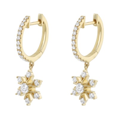 14K Yellow Gold 0.70 carat White Diamonds Snowflake Dangle Earrings