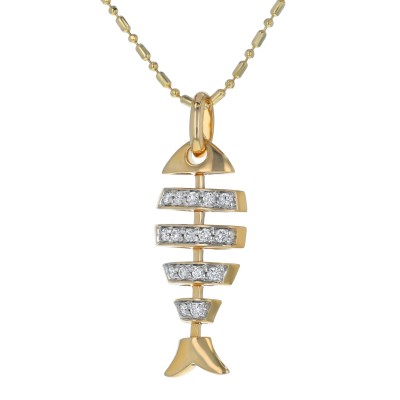 14K Yellow Gold 0.15 carat Diamonds Dangling Skeleton Fish Pendant