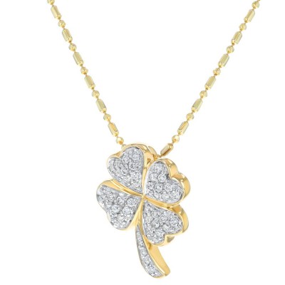 14K Yellow Gold 0.25 carat Diamonds Four Leaf Clover Necklace