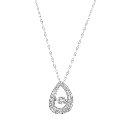 14K White Gold 0.40 carat Dancing Diamond Pear Shape Halo Necklace