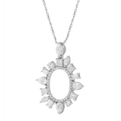 14K White Gold 1.5 carats Fancy Cut Diamonds Oval Shape Frame Necklace
