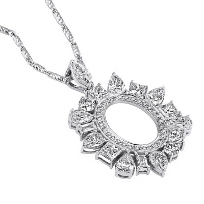 14K White Gold 2.4 carats Fancy Cut Diamonds Oval Shape Frame Necklace