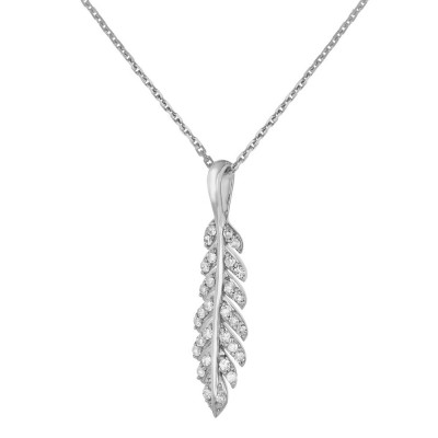 14K White Gold 0.12 carat Diamonds Dainty Feather Necklace