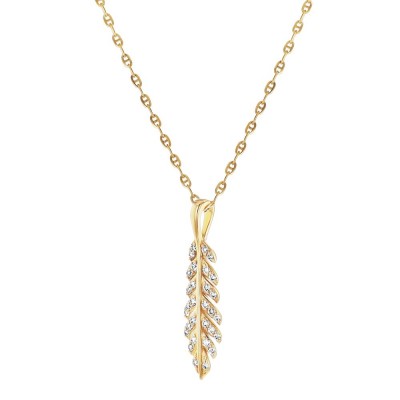 14K Yellow Gold 0.12 carat Diamonds Dainty Feather Necklace