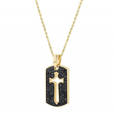 14K Yellow Gold 1.0 carat Black Diamonds Dog Tag Sword Cross Pendant