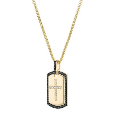 14K Yellow Gold 0.40 carat Black and White Diamonds Dog Tag Cross Pendant