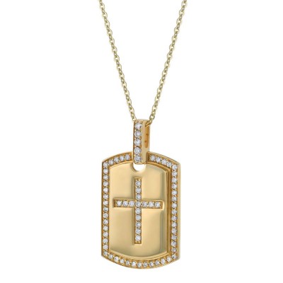 14K Yellow Gold 0.39 carat Diamonds Dog Tag Cross Pendant