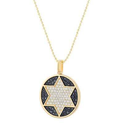 14K Yellow Gold 0.75 carat Black and White Diamonds Star of David Round Disk Pendant