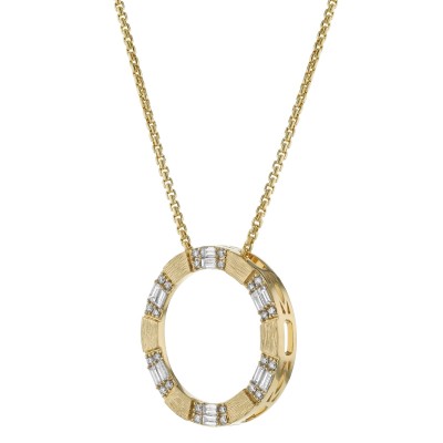 14K Yellow Gold 1.00 carat Baguette and Round Cut Diamonds Large Circle Shape Necklace