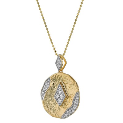 14K Yellow Gold 0.35 carat Diamonds Textured Hammered Round Pendant