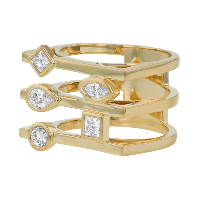 14K Yellow Gold 0.85 carat Princess, Pear, Marquise and Round Diamonds Wide Ring