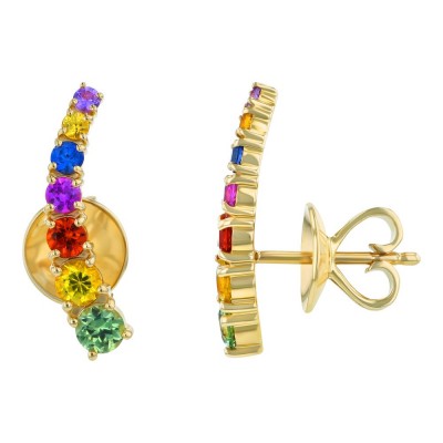 14K Yellow Gold Multi Color Rainbow Sapphires Ear Climber Earrings