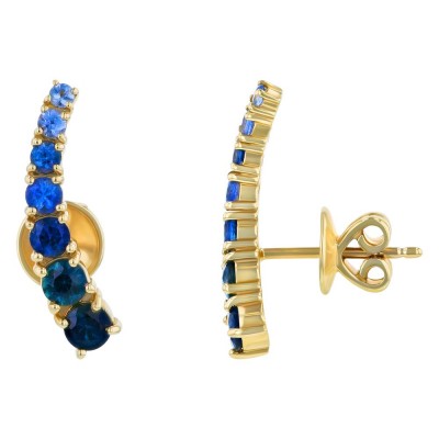 14K Yellow Gold Blue Sapphires Ear Climber Earrings