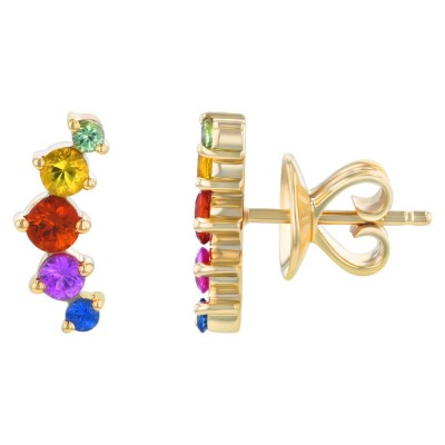 14K Yellow Gold Multi Color Rainbow Sapphires Ear Climber Earrings