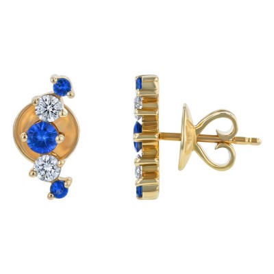 14K Yellow Gold Round Diamonds and Blue Sapphires Ear Climber Earrings