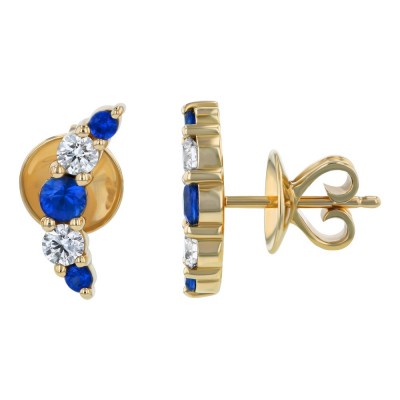 14K Yellow Gold Round Diamonds and Blue Sapphires Ear Climber Earrings