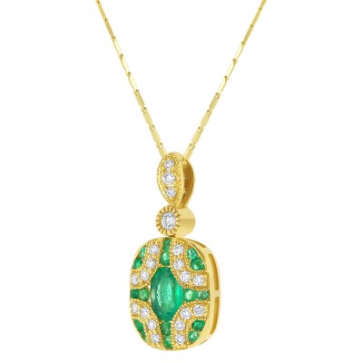 14K Yellow Gold 0.85 carat Diamonds and Green Emeralds Art Deco Necklace