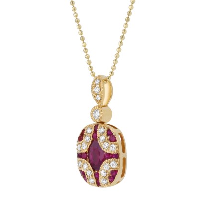 14K Yellow Gold 1.00 carat Diamonds and Red Rubies Art Deco Necklace