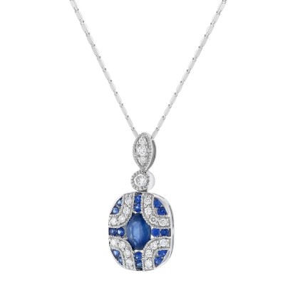 14K White Gold 1.00 carat Diamonds and Blue Sapphires Art Deco Necklace