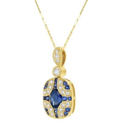 14K Yellow Gold 1.00 carat Diamonds and Blue Sapphires Art Deco Necklace