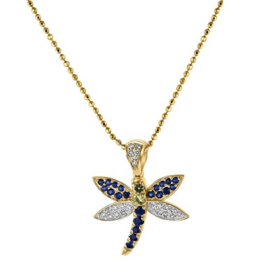 14K Yellow Gold 0.37 carat White Diamonds and Blue Sapphires Dragonfly Pendant