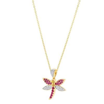 14K Yellow Gold 0.35 carat Diamonds, Rubies and Yellow Sapphires Dragonfly Pendant