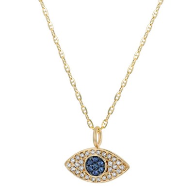14K Yellow Gold 0.13 carat Diamonds and Blue Sapphires EVIL EYE Necklace