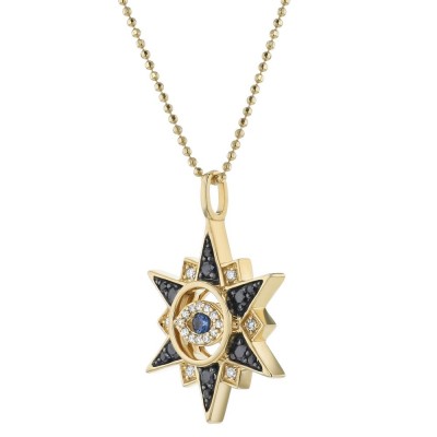 14K Yellow Gold 0.37 carat Black and White Diamonds and Blue Sapphire EVIL EYE COMPASS Necklace
