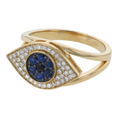 14K Yellow Gold 0.45 carat Diamonds and Blue Sapphire EVIL EYE Ring
