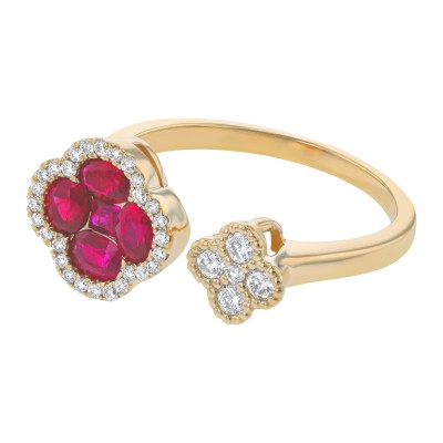 14K Yellow Gold 1.25 carat Diamonds and Red Rubies Clover Ring