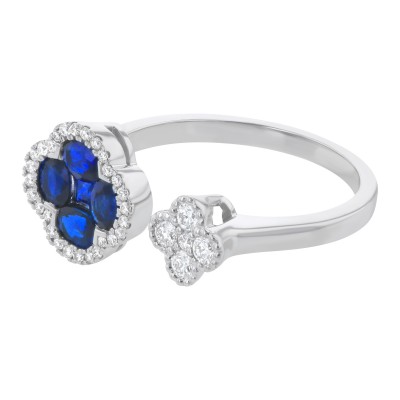 14K White Gold 1.25 carat Diamonds and Blue Sapphires Clover Ring