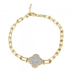 14K Yellow Gold Hardware Chain 0.45 carat Diamonds Adjustable Clover Bracelet