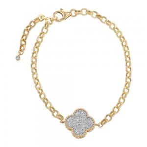 14K Yellow Gold Rollo Chain 0.45 carat Diamonds Adjustable Clover Bracelet