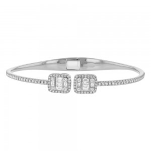 14K White Gold 1.50 carats Baguette and Round Diamonds Spring Hinged Bangle