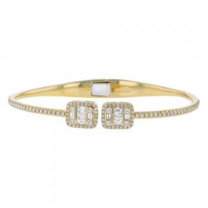 14K Yellow Gold 1.50 carats Baguette and Round Diamonds Spring Hinged Bangle