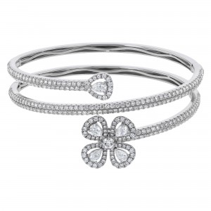 14K White Gold 4.00 carats Diamonds Spiral Floral Hinged Bangle