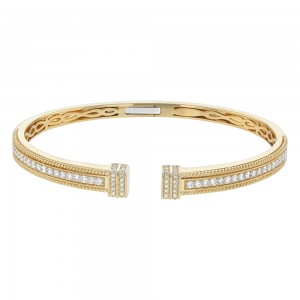 14K Yellow Gold 1.20 carats Round Diamonds Braided Spring Hinged Bangle