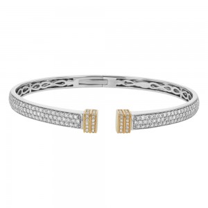 14K Two Tone Gold 2.20 carats Round Diamonds Spring Hinged Bangle