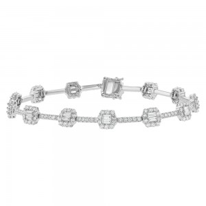 14K White Gold 3.70 carats Baguette and Round Diamonds Station Bracelet