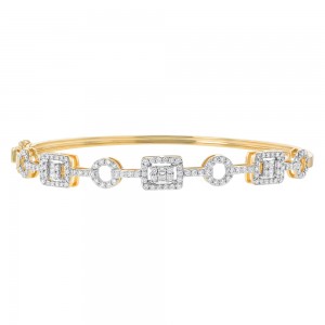14K Yellow Gold 0.80 carat Baguette and Round Diamonds Hinged Bangle