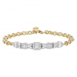 14K Yellow and White Gold 1.00 carat Baguette and Round Diamonds Adjustable Bracelet