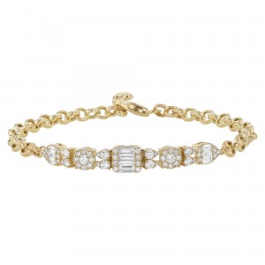 14K Yellow Gold 1.00 carat Baguette and Round Diamonds Adjustable Bracelet