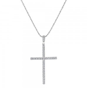 14K White Gold 0.30 carat Diamonds Line Cross Pendant